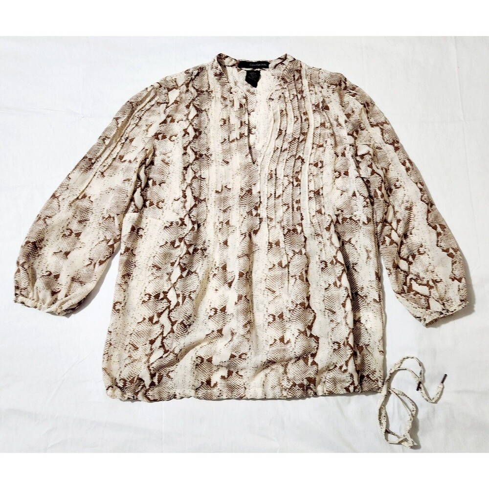 CALVIN KLEIN ANIMAL PRINT 3/4 SLEEVE WOMAN SHIRT V-NECK SIZE S SHEER LIGHTWEIGHT